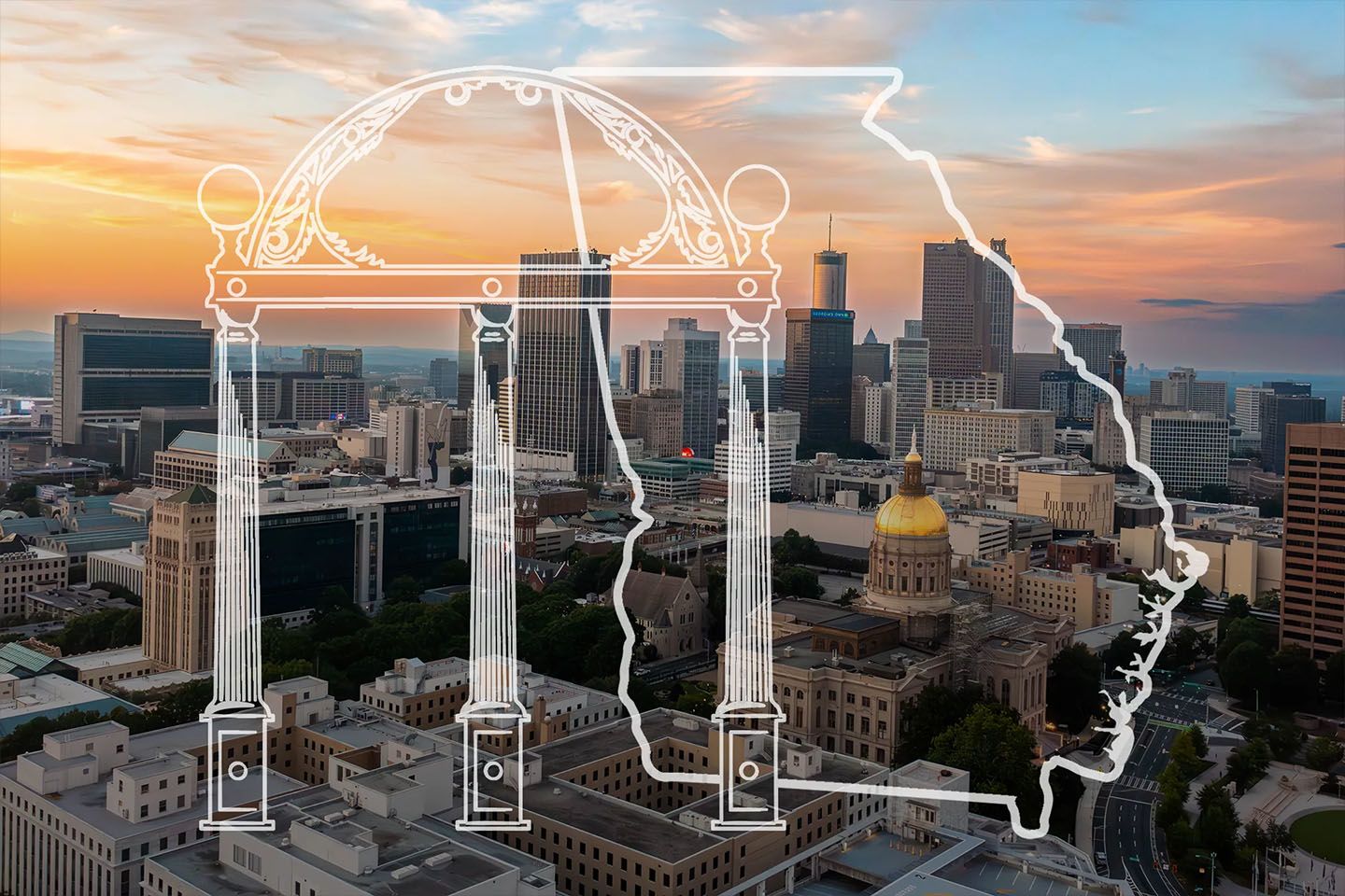 atlanta city skyline at sunset, added to the photo is a white outline of the UGA arch and the state of Georgia interlock at the front